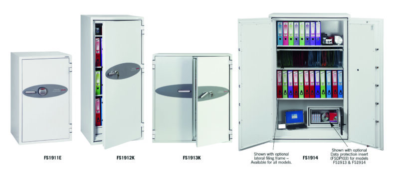 Phoenix Fire Commander Fire Safe & Data Safe Group photo showing different sizes from the Fire Commander Range FS1910 Series